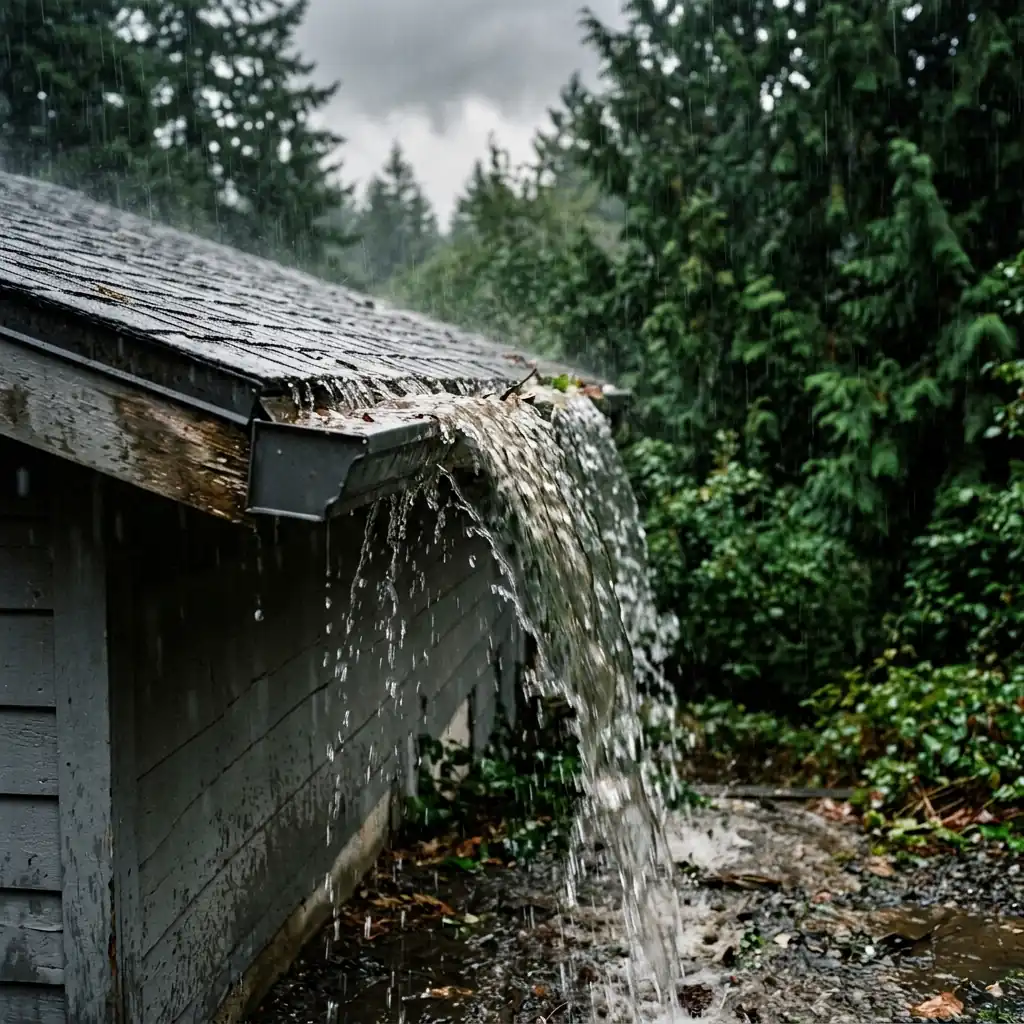 A gutter overflowing during heavy rain in Bothell, a common cause of water damage