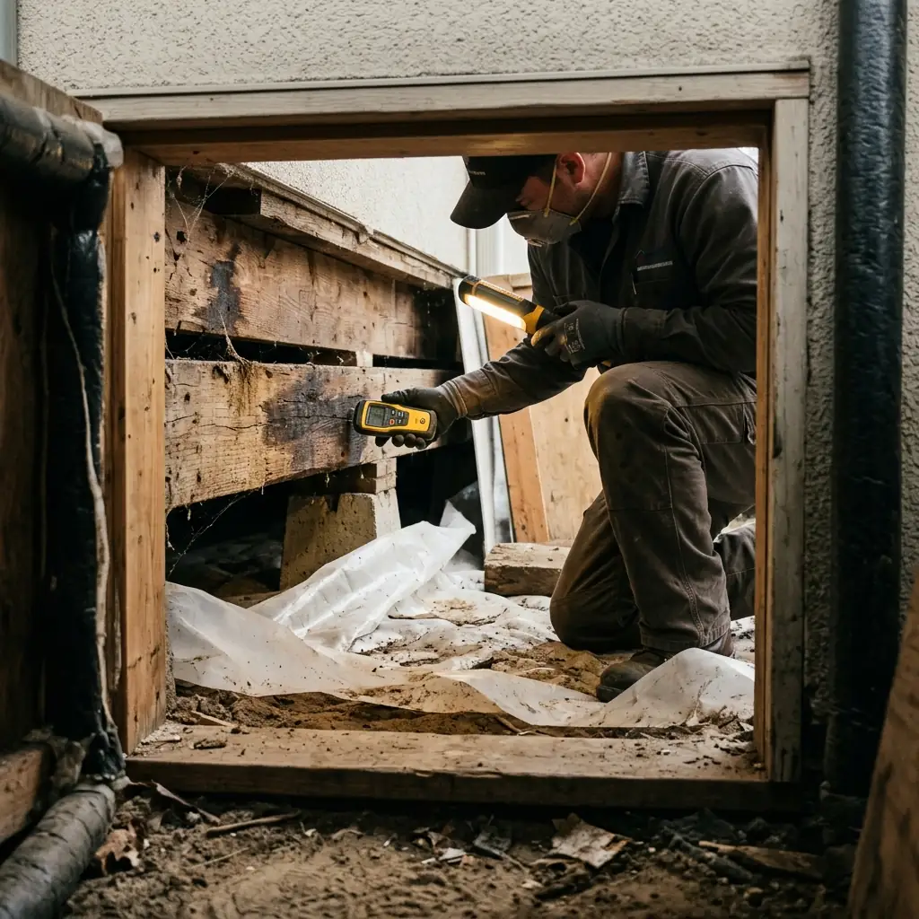 A technician inspecting a crawl space for water damage in Bothell