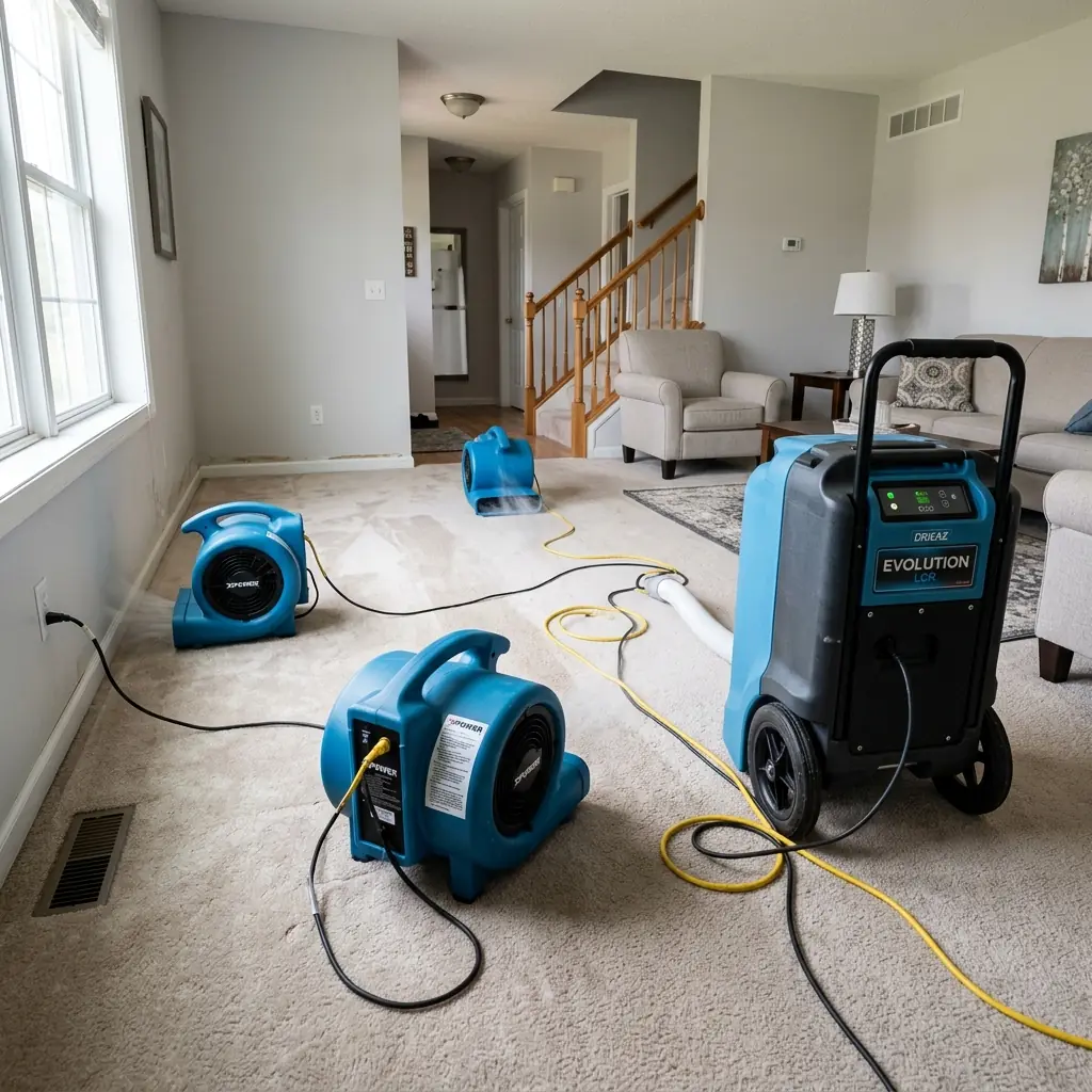 Dri-Eaz LGR dehumidifier and air movers drying a home after water damage in Bothell