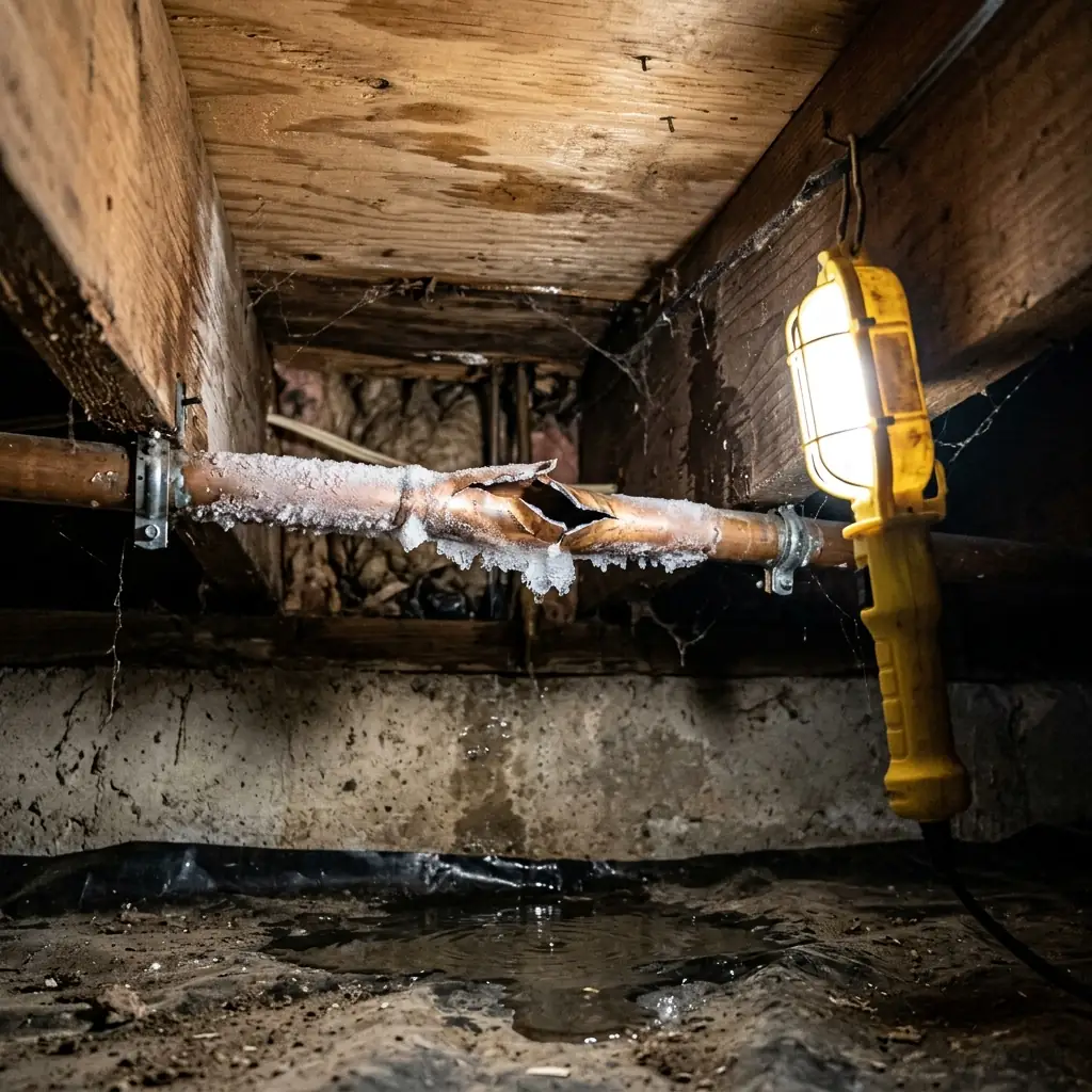 A frozen, burst copper pipe in a crawl space, a common winter risk in Bothell