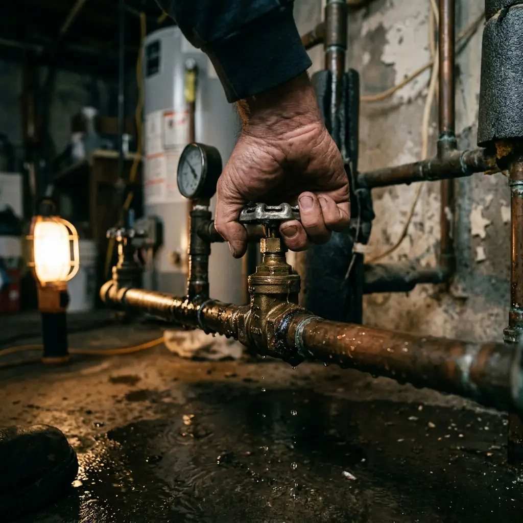 A hand shutting off a residential water valve during a water damage emergency in Bothell