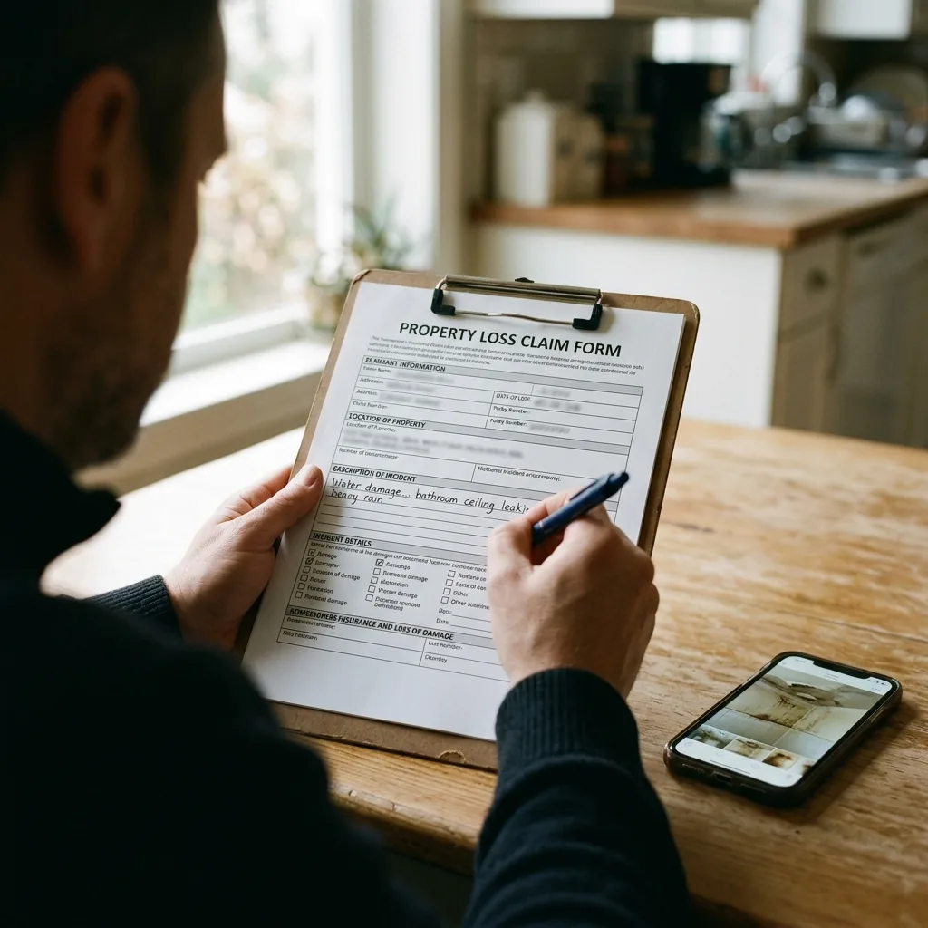 A homeowner filling out a water damage insurance claim form in Bothell