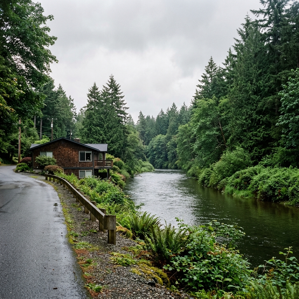 A home in Bothell sitting close to the water, illustrating river-adjacent flood risk