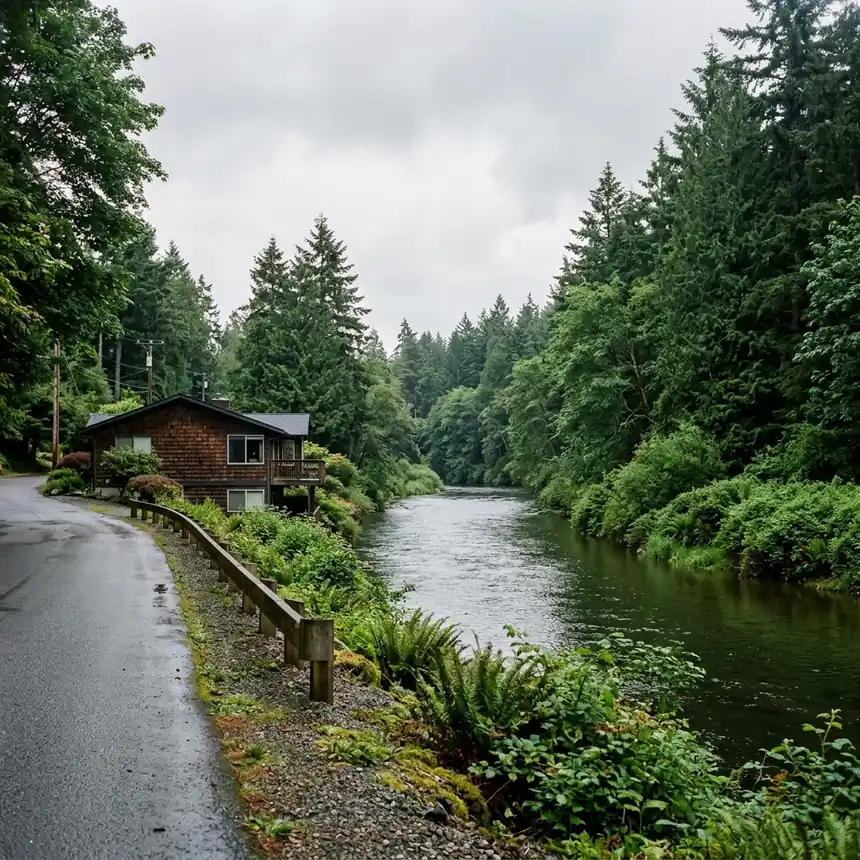 A home in Bothell sitting close to the water, illustrating river-adjacent flood risk