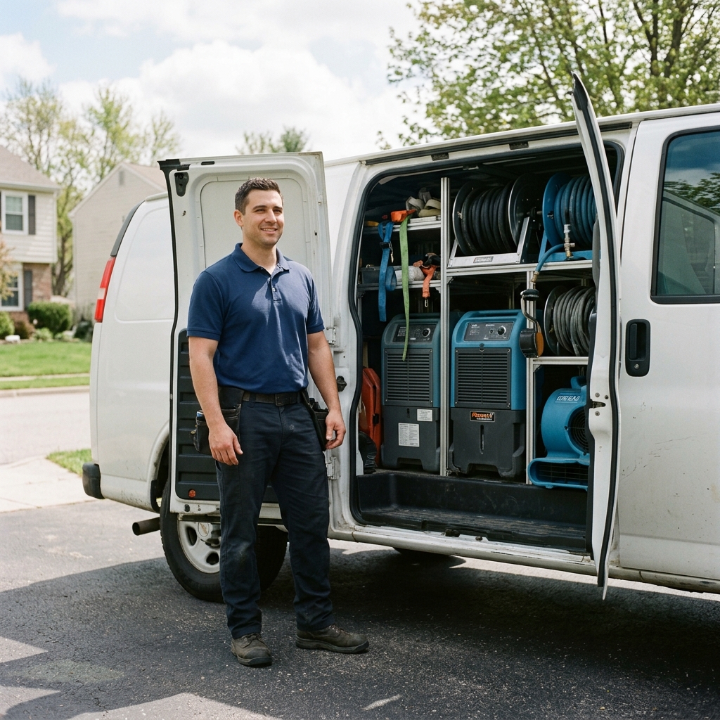 A water damage restoration technician in Bothell, ready to respond with fully equipped service vehicles