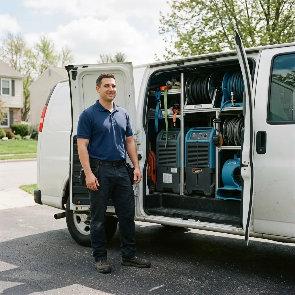 A water damage restoration technician in Bothell, ready to respond with fully equipped service vehicles